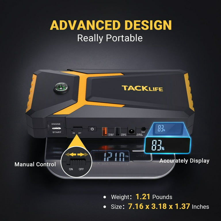 TACKLIFE T8 Car Jump Starter - 800A Peak 18000mAh, 12V Auto Battery Booster