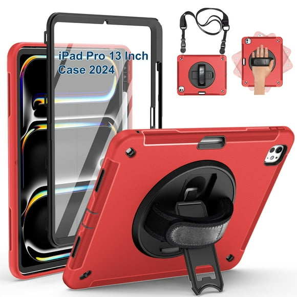 GROLEOA Case for iPad Pro 13 Inch 2024, Full Body Protective Rugged iPad Pro 13 M4 Cover 7th Generation with Pencil Holder, Screen Protector, Rotating Stand, Strap, Red
