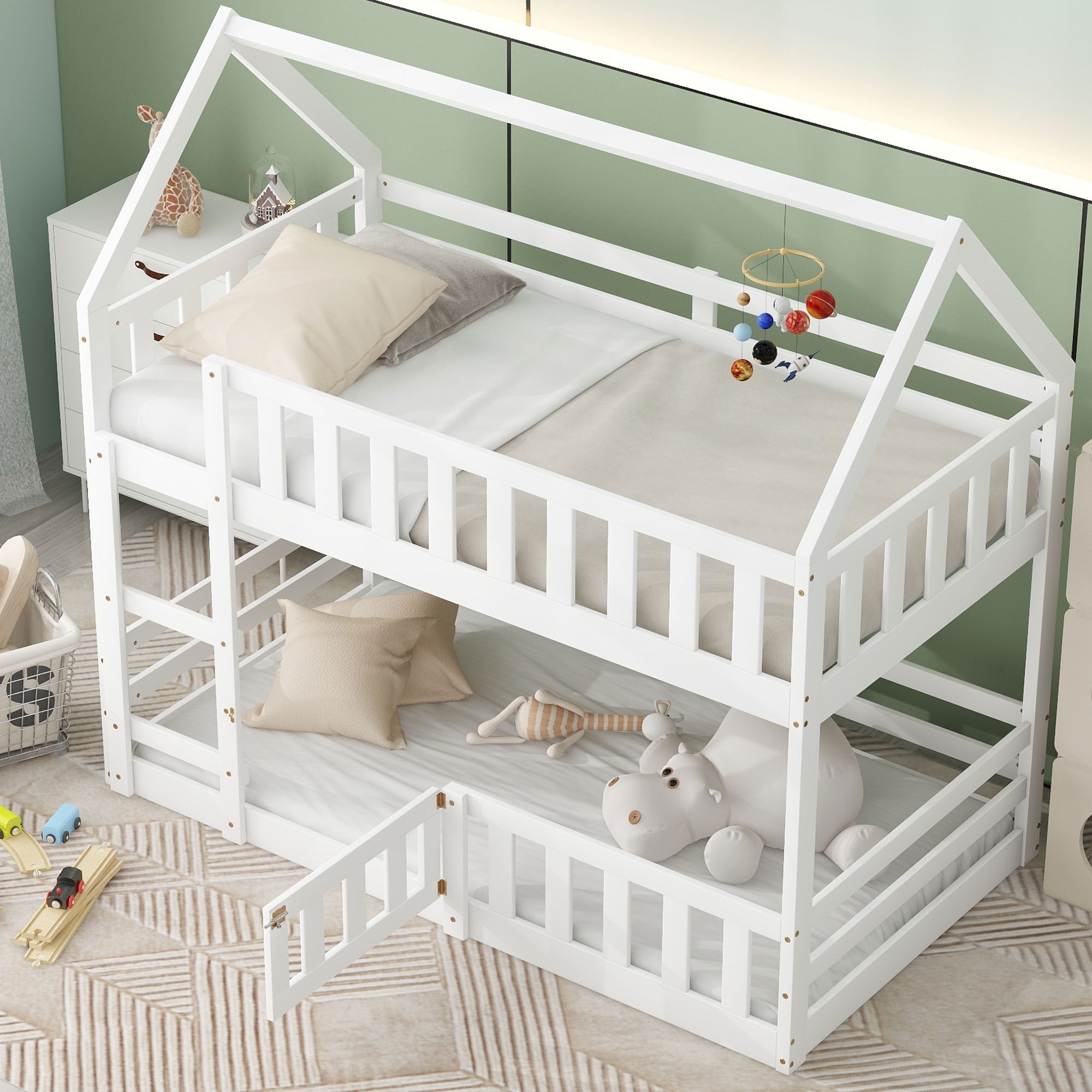 Aukfa Twin-over-Twin Bunk Bed with Fence and Door, Solid Wood House Bunk Bed for Kids Toddy - White