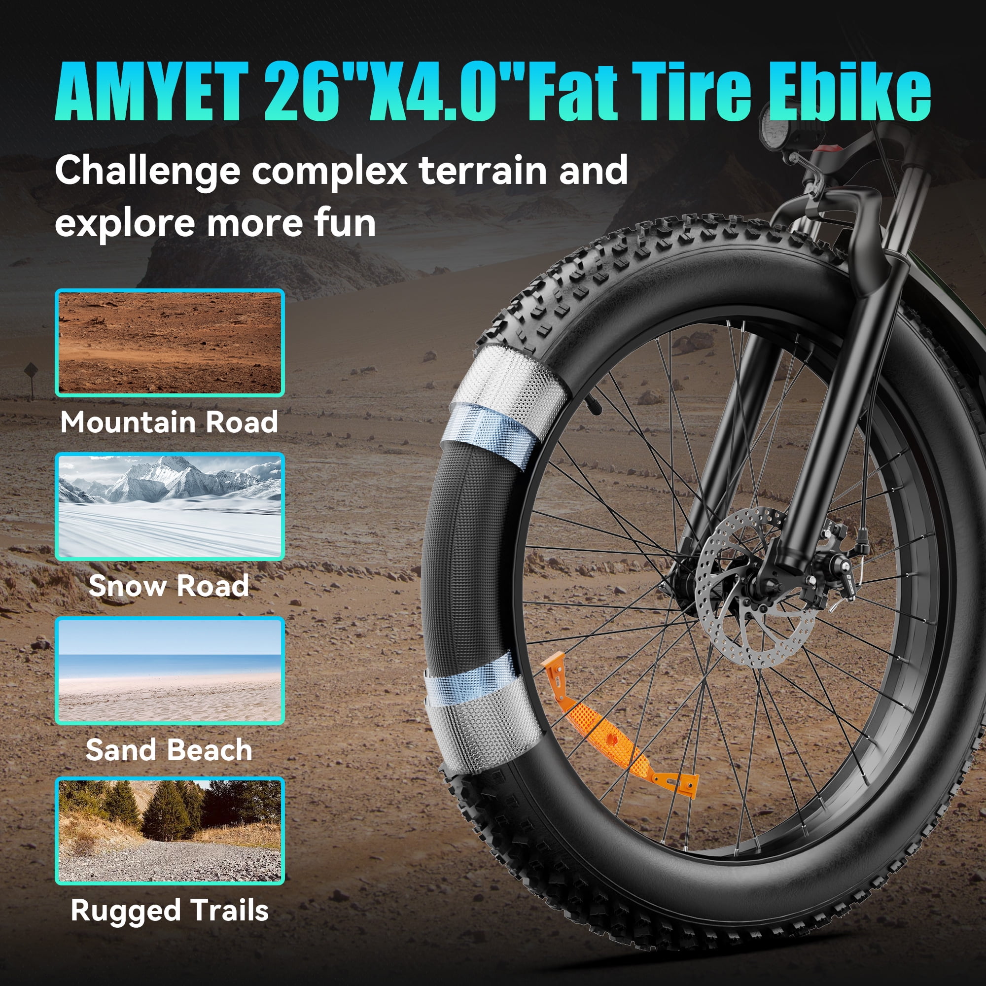 AMYET EB26 Electric Bike for Adults, 26*4.0 Fat Tire E-Mountain Bicycle,Peak 1500W Motor 48V 15Ah 7-Speed Ebike UL2849 Orange