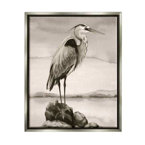 Stupell Industries Heron Perched at Sea Animals & Insects Painting Gray Floater Framed Canvas Art Print Wall Art, 25 x 31