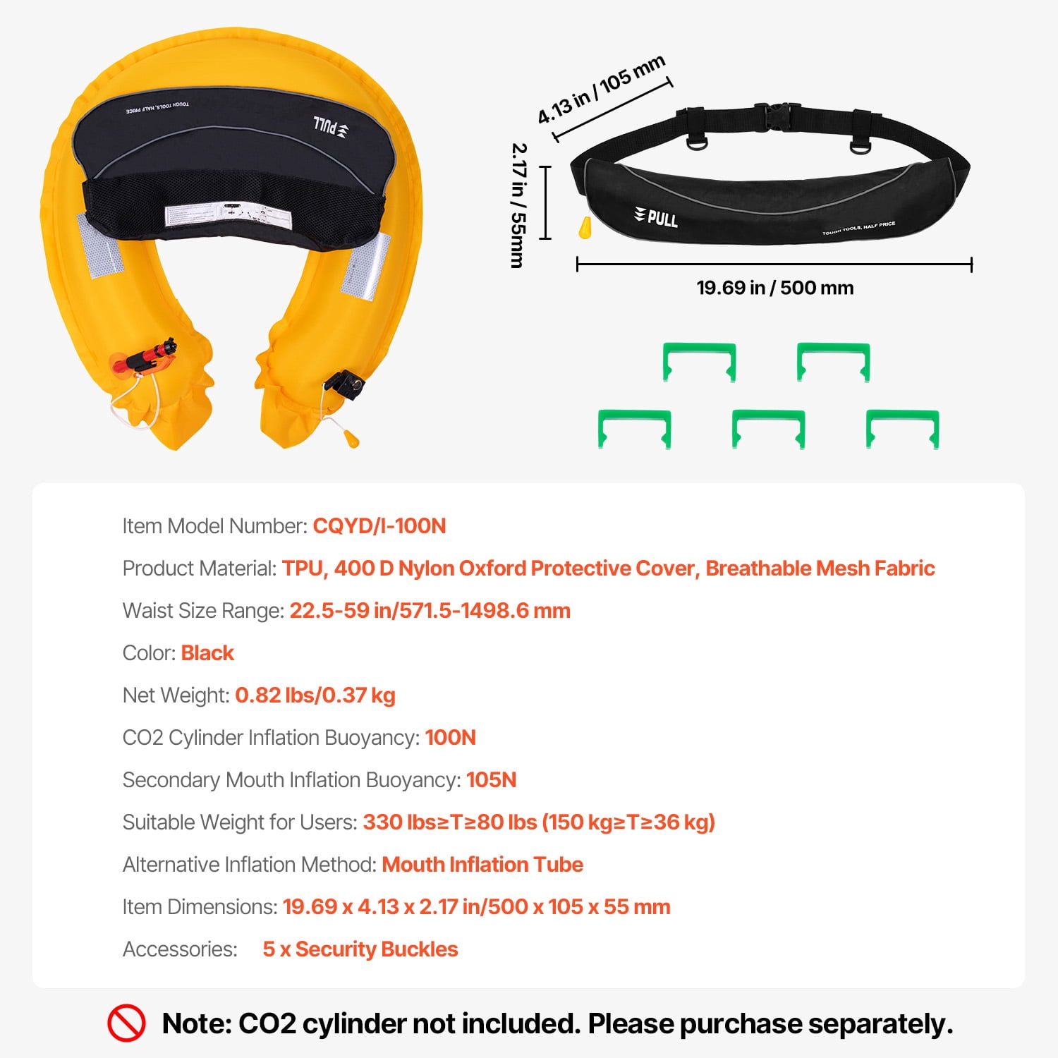 KFFKFF Adult Inflatable Belt Pack,105N Buoyancy,Suitable for Over 80 Pounds and Waist up to 59 inches Adjustable,Inflatable Waist PFD for Stand Up Paddleboarding,Kayaking,Black(CO2 Cylinder Excluded)