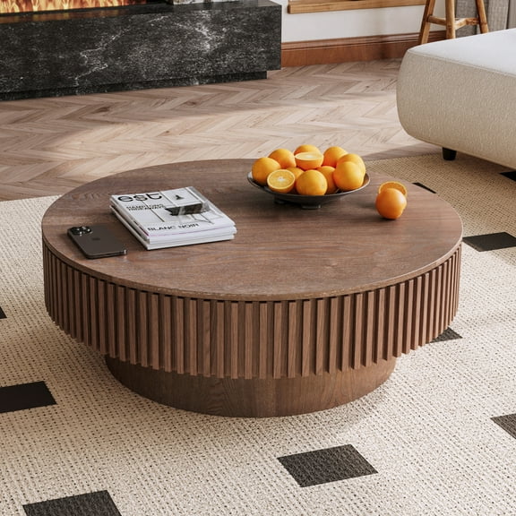 Noble House Leigh 39.3" Round Coffee Table with Hidden Storage, Solid Wood Veneer Fluted Accent Tea Table, Walnut
