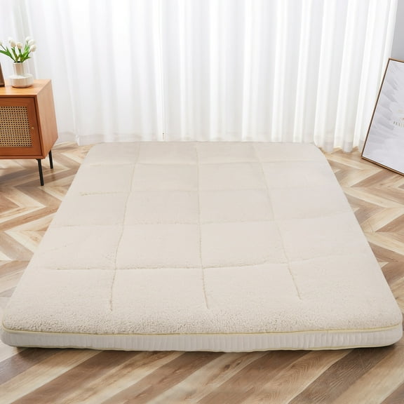 ABORON Sherpa Fleece Japanese Floor Mattress, 4" Thick Futon Mattress Queen Size, Thicken Tatami Mat Sleeping Pad Foldable Roll Up Mattress