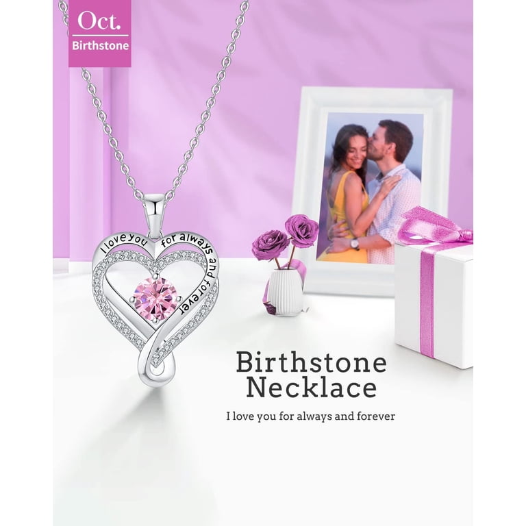 Yaumatea "I Love You Always & Forever" Heart Necklace - Birthstone Cubic Zirconia Pendant, Gift For Women