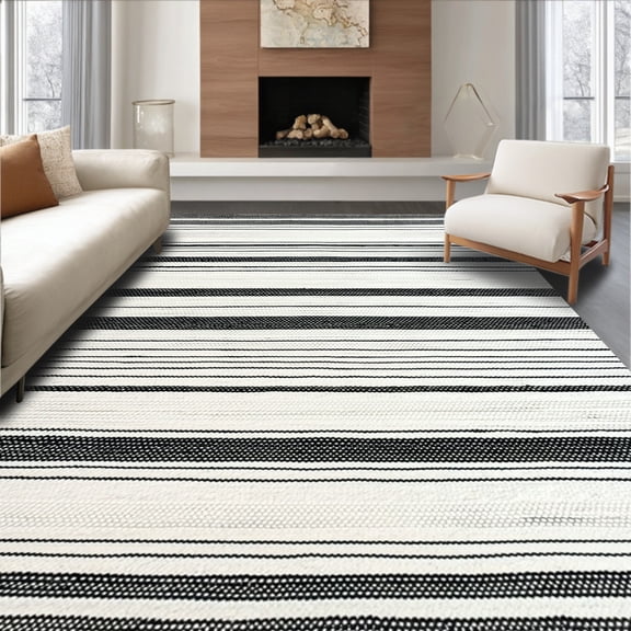ODIKA 4'x6' Machine Washable Non-Slip Area Rug, Zolak Berber Stripe Geometric Indoor Contemporary High Traffic Rug, Black, 61796