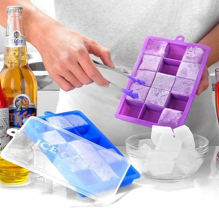 Silicone Ice Cube Tray with Lid DIY Ice Molds Desert Cocktail Juice Jelly Maker -Holds Up to 15 Square Ice Cubes -Random