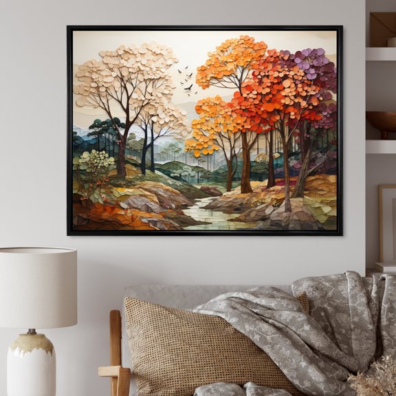 Designart "Seasonal Mosaic Maple Trees I" Floral Floater Framed Wall Art Print