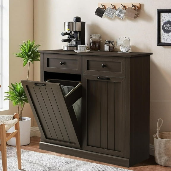 Haverchair Double Tilt Out Laundry Hamper Cabinet, Modern Farmhouse Trash Can Cabinet w/2 Drawers, Wooden 20 Gallon Hidden Garbage Cabinets with 2 Laundry Storage Baskets for Kitchen and Bathroom