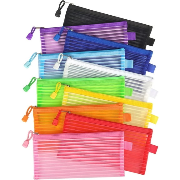 10 Pack Zipper Mesh Pouch Pencil Pouch Multicolor Pen Bag Multipurpose for Office Supplies Travel Storage Bags, 10 Colors