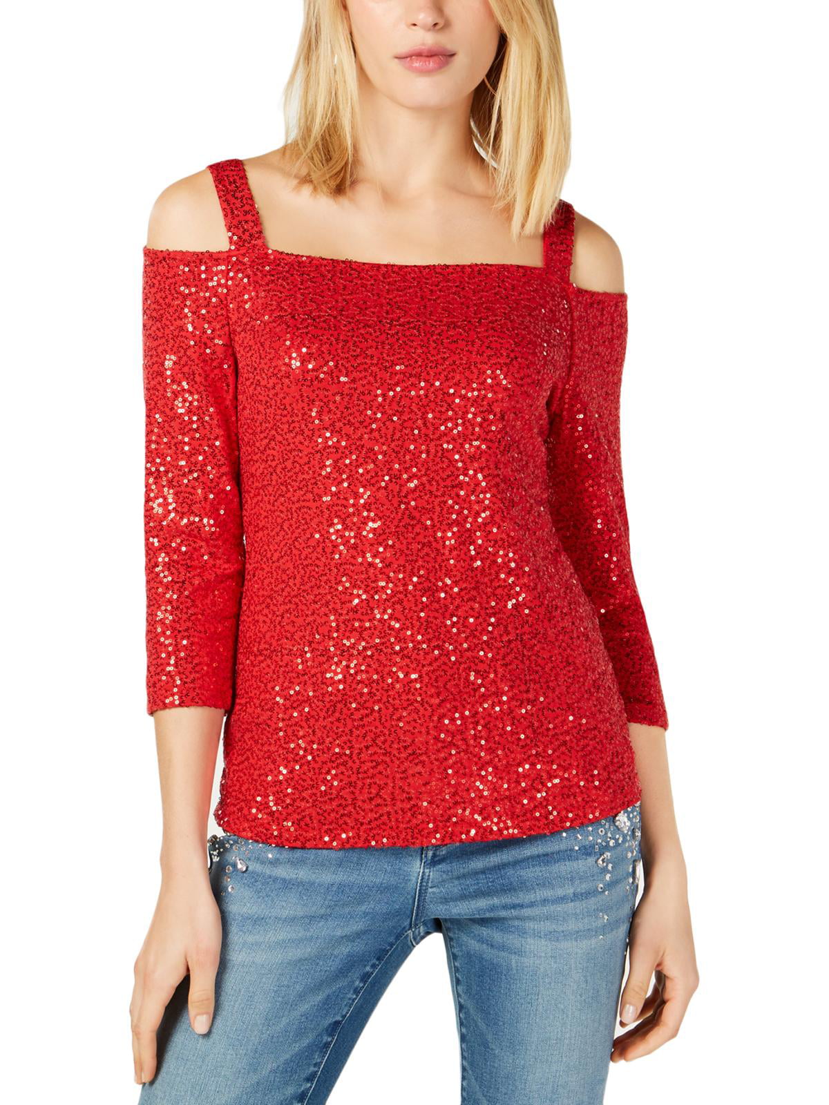 INC Womens Sequined Cold Shoulder Pullover Top Red L - Walmart.com