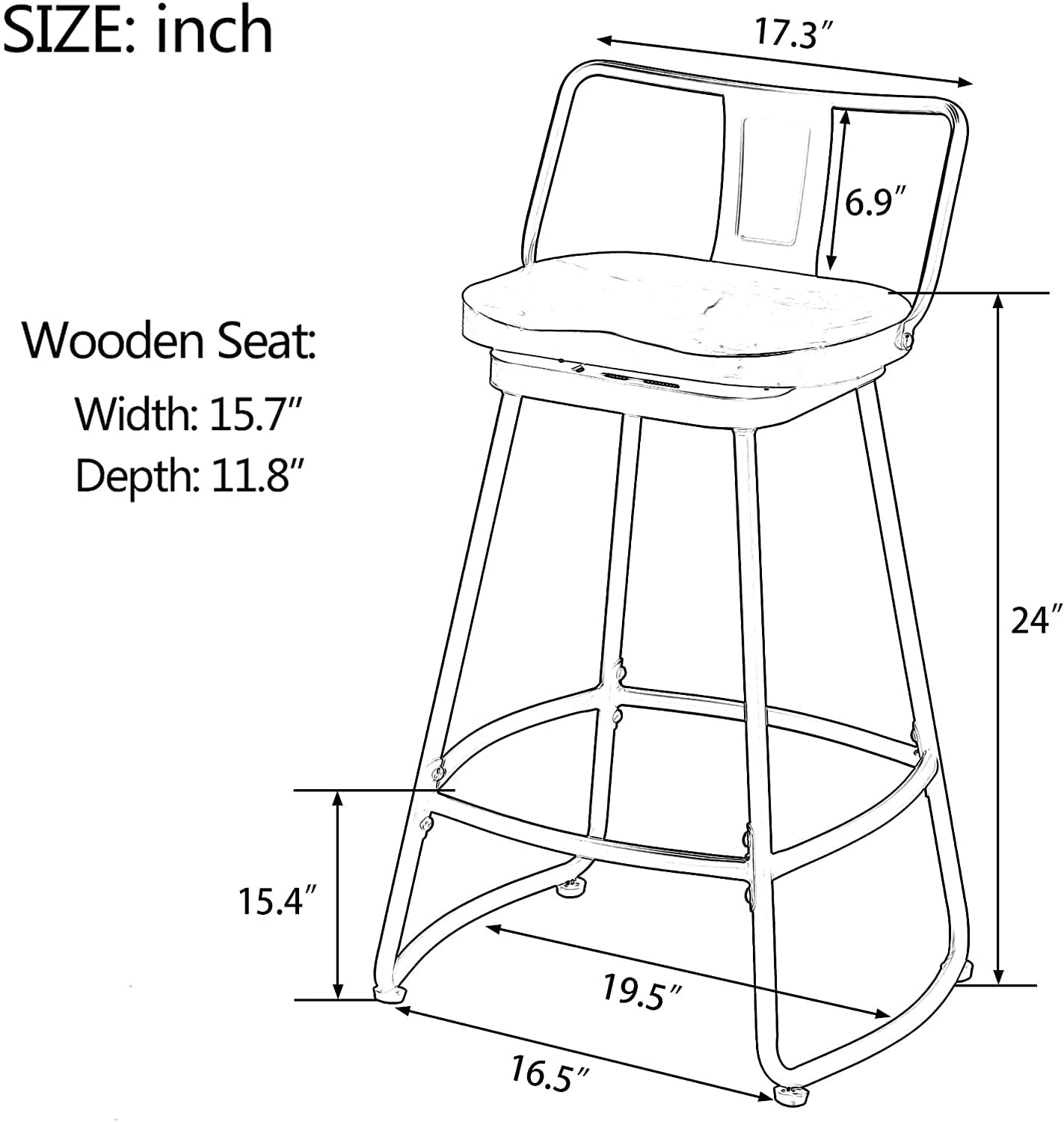 Andeworld 24" Swivel Metal Bar Stools with Backs Set of 2 Industrial Kitchen Dining Bar Chairs with Wood Seat Matte Black