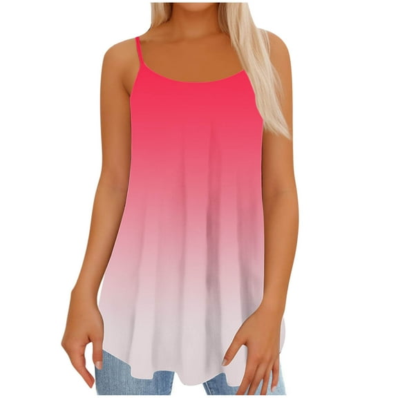 Royisotas Pink Ladies Tank Tops Summer Sleeveless Casual Womens Camisole Thin Strap Pleated Gradient Color Crew Neck Womens Cami Tops Plus Size
