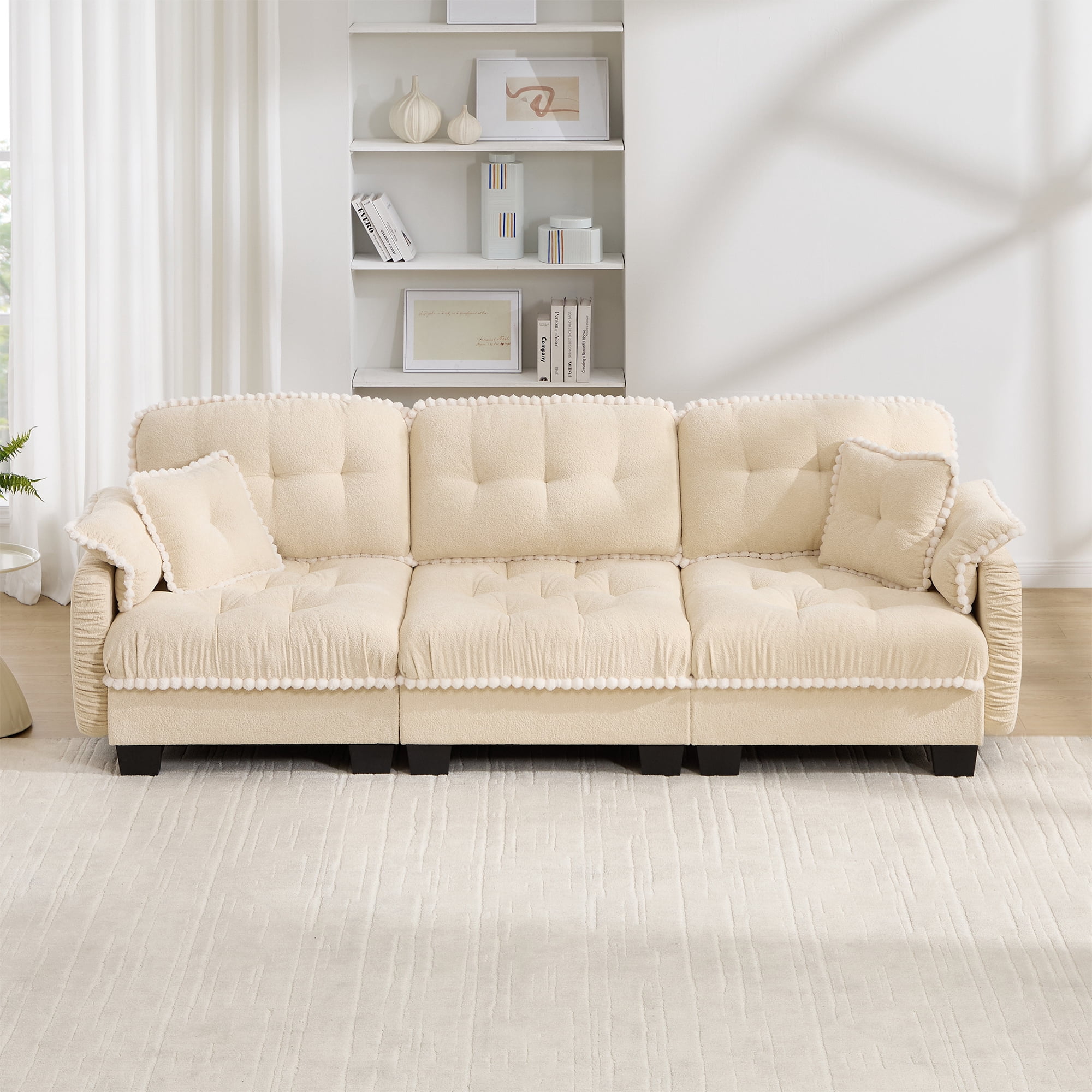 Anpport 100" Chenille Cloud 3‑Seater Sofa with 4 Pillows, Pom‑Pom Trim, Quilted Tufted Ergonomic, Easy Assembly Deep Seat for Living Room Apartment, Cream