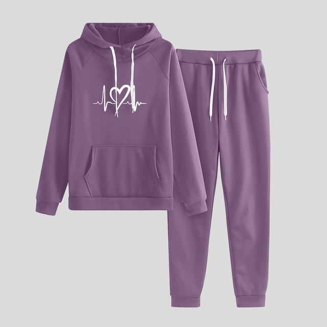 DPTALR Women's Casual Printed Hooded Drawstring Loose Long Sleeve Sweatshirt Tops And Long Pants Set Suits