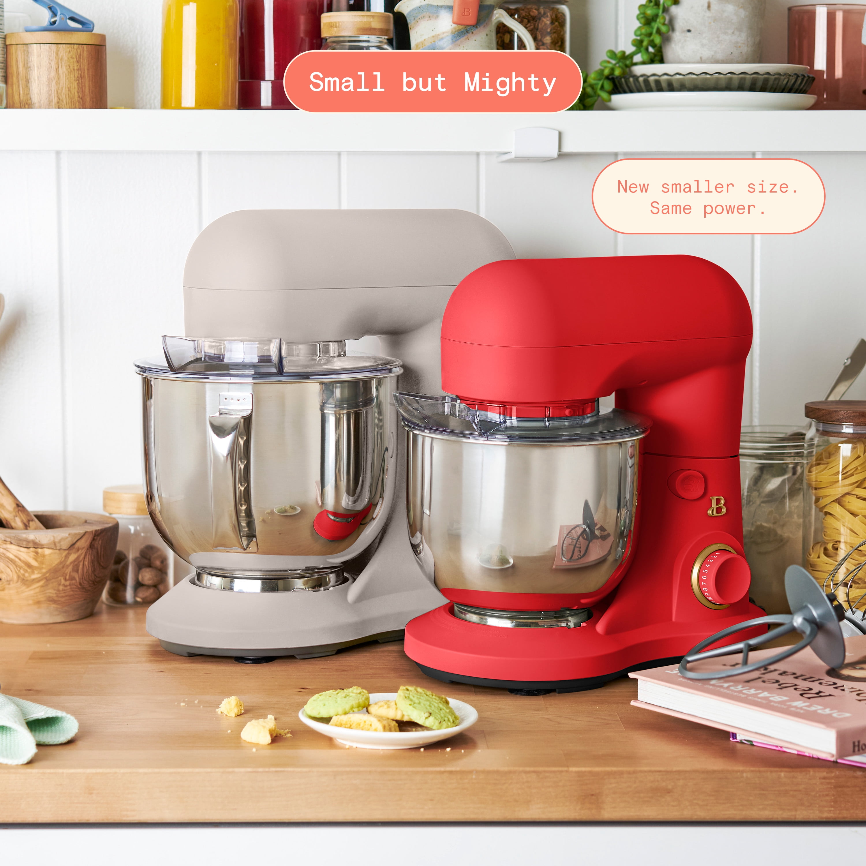 Beautiful 3.5 Qt Stand Mixer with Flat Beater, Dough Hook, Balloon Whisk, Tomato Red by Drew Barrymore