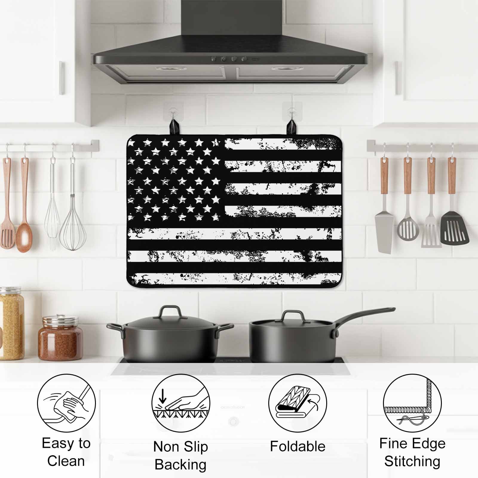 Black White Stove Top Cover for Electric Stove, Heat-proof & Non Slip Glass Top Stove Cover Protector, Retro Stars Stripes Flag Shabby Chic Texture Kitchen Flat Cooktop Rubber Mat 24x21 Inches