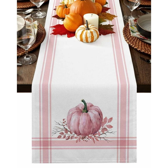 Fall Table Runner Thanksgiving Pink Pumpkin Table Runners Autumn Leaf Branch Stripes Cotton Linen Dresser Scarf Kitchen Dining Table Decor for Fall Holiday Party Decor 13x90 Inch