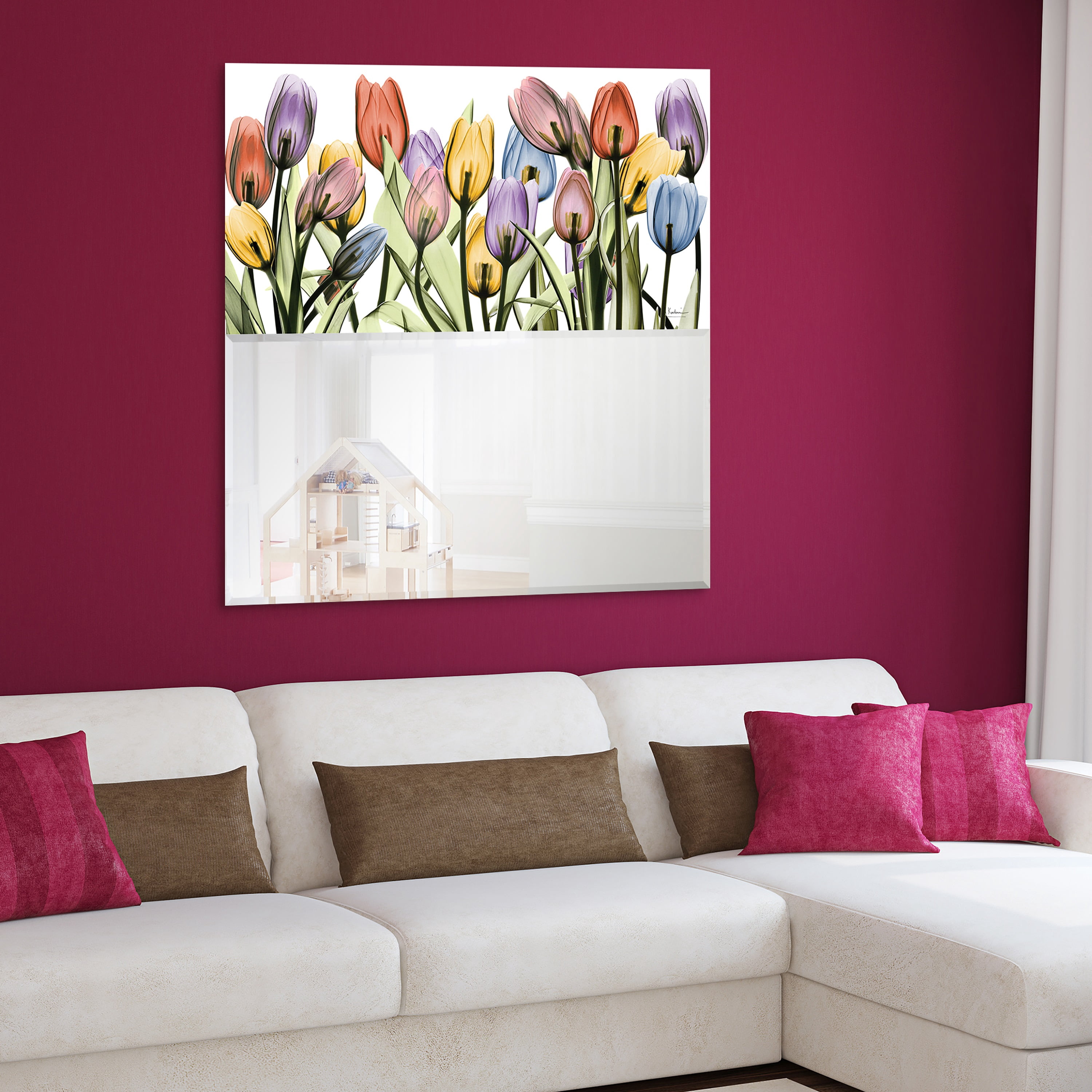 Empire Art Direct "Tulip Scape" Square Beveled Mirror on Free Floating Printed Tempered Art Glass - Clear - 38 x 38