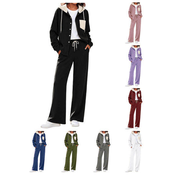 Zynoxe Womens Sweatsuits 2 Piece Set Soft Corduroy Drawstring Hooded Sweatshirt & Elastic Waist Sweat Pants Suit Fashion Button Down Lounge Sets Stylish Color Block Tracksuit Set with Pockets Black S