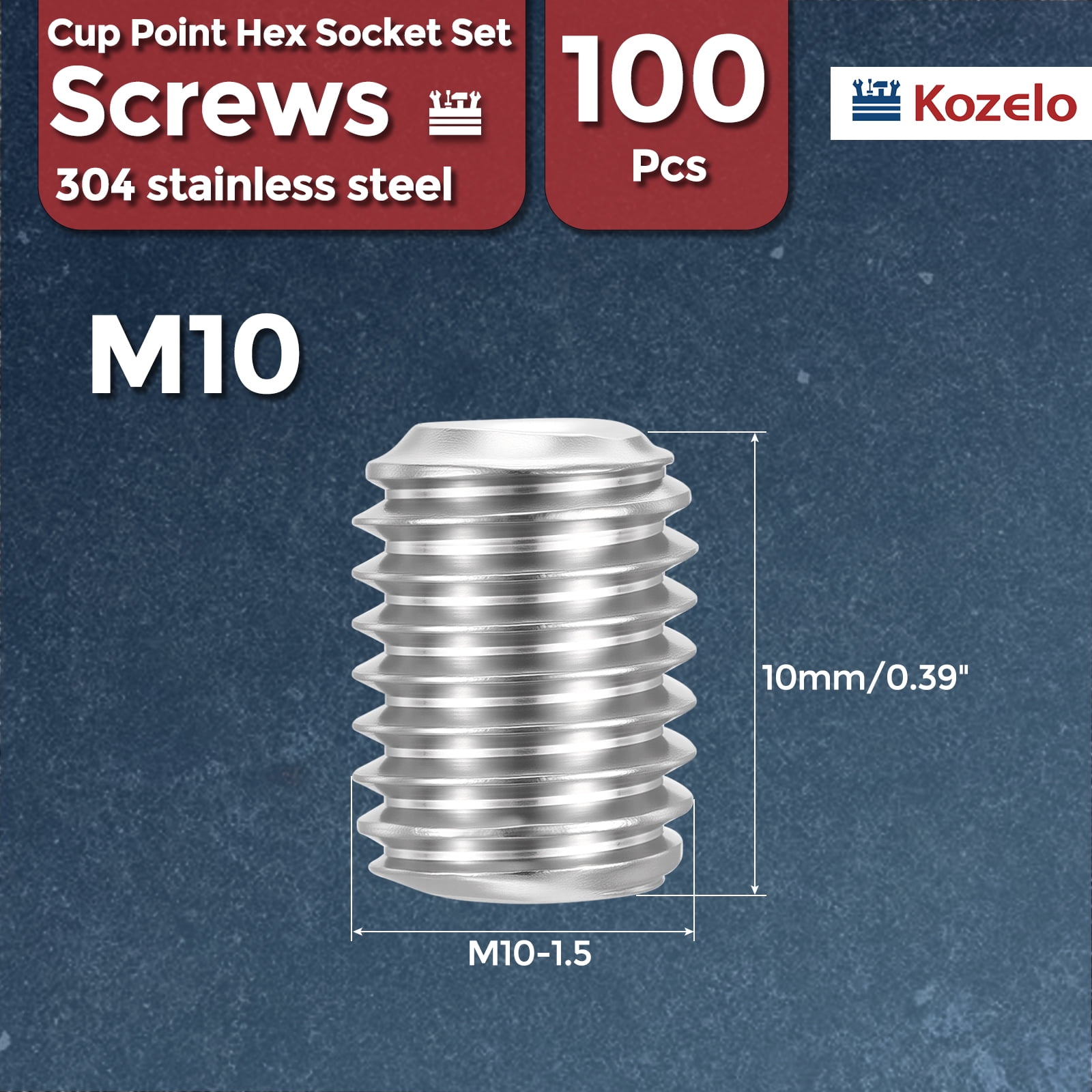 Uxcell 100pcs Cup Point Hex Socket Set Screws - [M10-1.5x10mm] 18-8 Stainless Steel Headless Allen Head Grub Set Screw with Hex Key Wrench for Door Handles, Bathroom Fixture & Towel Rack
