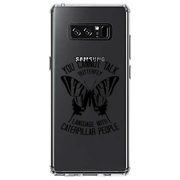 DistinctInk Clear Shockproof Hybrid Case for Samsung Galaxy Note 8 - TPU Bumper Acrylic Back Tempered Glass Screen Protector - Can't Talk Butterfly with Caterpillar People