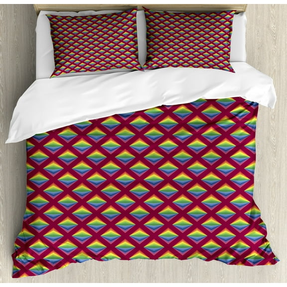 Geometric Rhombus Duvet Cover Set Queen Size, Energetic Design of Rainbow Scale Art in a Repeating Style, Decorative 3 Piece Bedding Set with 2 Pillow Shams, Raspberry and Multicolor, by Ambesonne