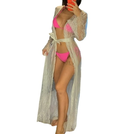 

TSEXIEFOOFU Womens Casual Long Sleeve Cardigan Solid Color Lace Perspective Bandage Nightgown