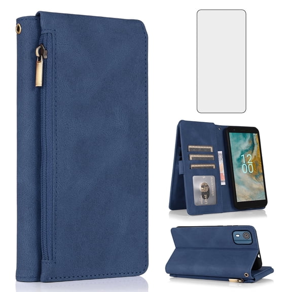 Asuwish Wallet Kickstand Hard Shell Cell Phone Case with Tempered Glass Screen Protector for Nokia C02, Blue