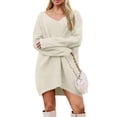thumbnail image 2 of Women's Fashion Casual V-Neck Long Sleeve Rib Knitted Sweater Dress, Fall and Winter Elegant Dress for Casual Outings, Soft and Stretchy Material,Beige,2XL, 2 of 6
