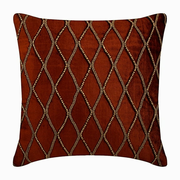 Rust European Shams 26x26 inch (65x65 cm), Velvet Euro Size Pillow Shams, Geometric, Pattern, Trellis, Lattice, Beaded, Rhombus, Modern Euro Size Pillowcases - Sumac Gold