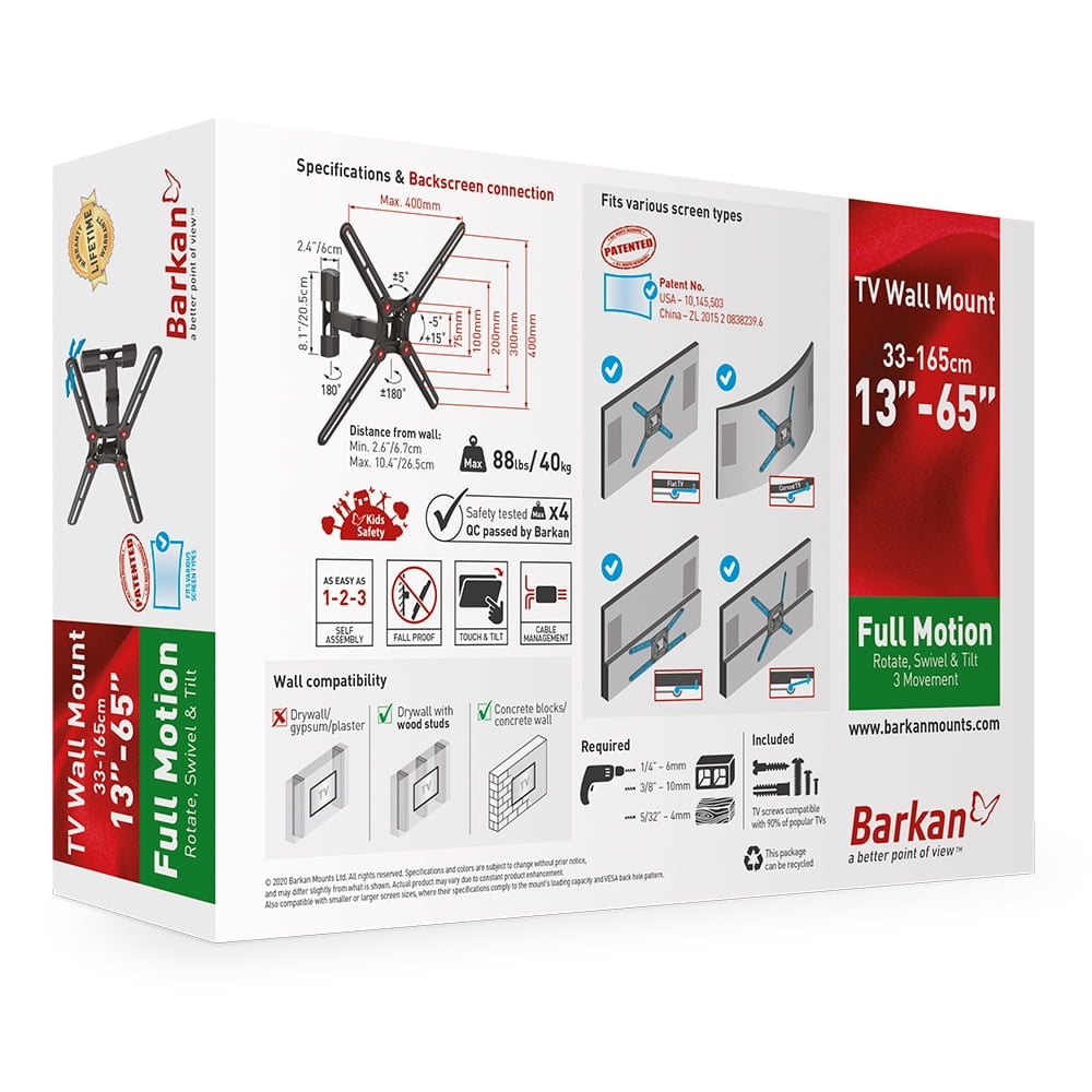 Barkan Full Motion TV Wall Mount 13 - 65 inch Patented Various Screens Fit Premium Lifetime Warranty