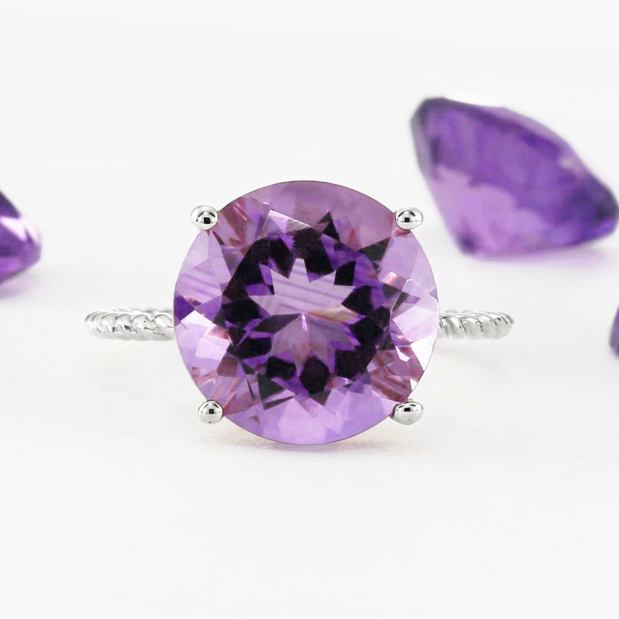 Tilo Jewelry Solid 925 Sterling Silver 5 Carat Natural Amethyst Solitaire Engagement Ring with Twist Rope Band | Size 5 | Gemstone Statement Ring for Women, Girls, Unisex
