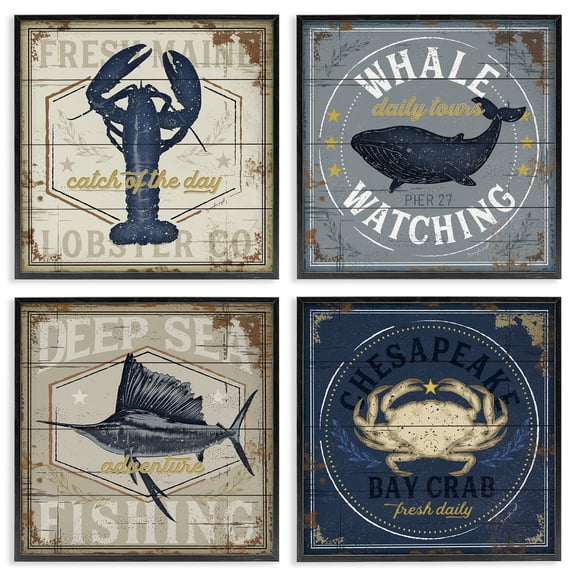 Stupell Industries Chesapeake Bay Nautical Motifs Animals Painting Black Framed Art Print Wall Art, 12 x 12, Set of 4
