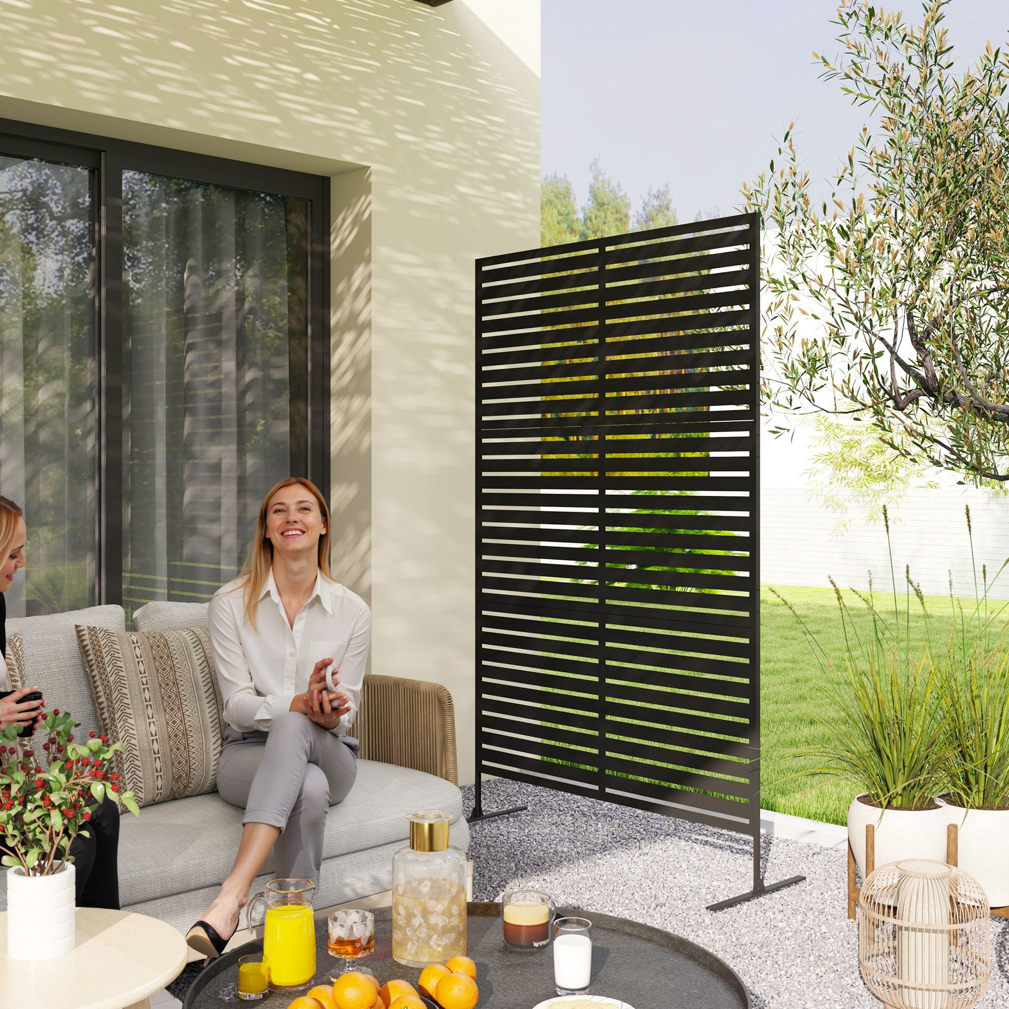 Alvantor 78" x 48" Metal Privacy Screen Freestanding Decorative Outdoor Fence, Black