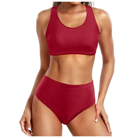 Womens Swimsuits Solid Color Strappy Round Neck Push Up Bra And Panty Set Vintage Tow Piece Tankini Swimsuits For Women Swimwears Holiday Wear Red XXL