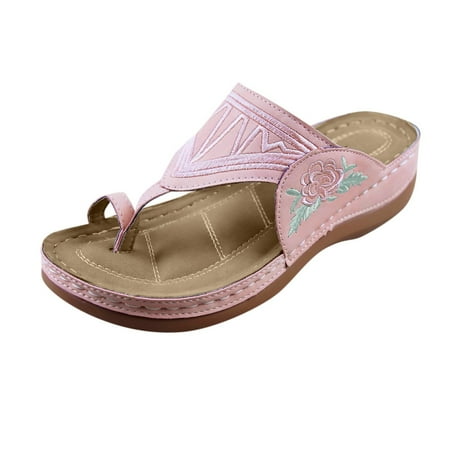 

QYZEU Nice Sandals for Women One Strap Sandals Women Large Embroidered Buckle Clip Toed Comfortable Wedge Heel Female Sandals Flat Sandals for Women Pink