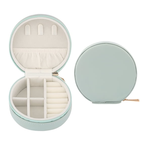 REGALWOVEN Round PU Leather Jewelry Box for Women, Compact Storage Case for Earrings, Necklaces, Rings Light Green