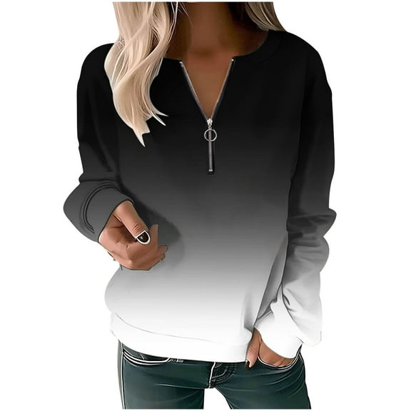 Lindreshi Long Sleeve Shirts for Women Women's Printed Zippered Round Neck Long Sleeved Top