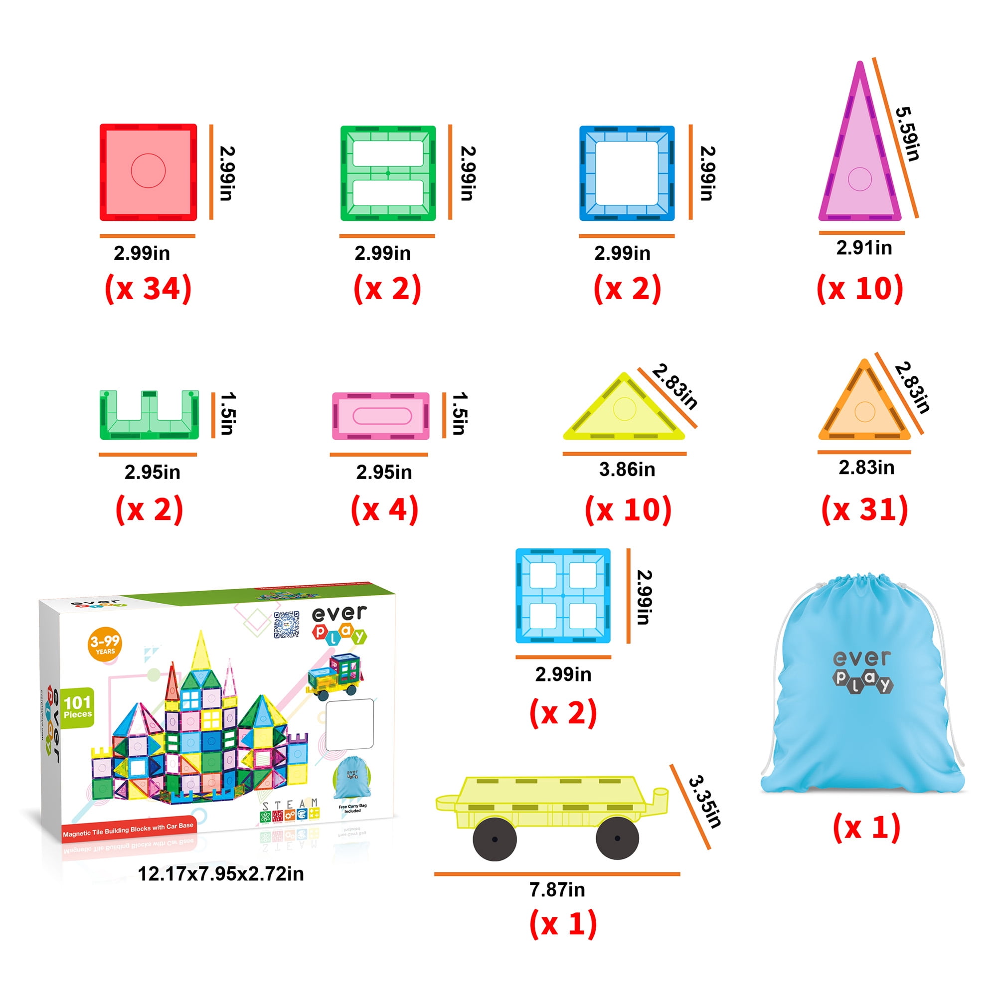 EverPlay Magnetic Tiles for Kids - STEM 101PCS Construction Building Blocks Educational Toy