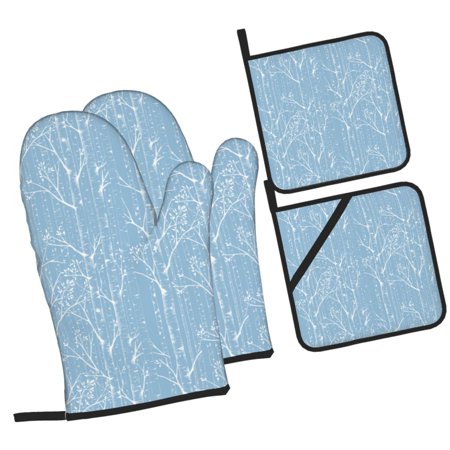 Blue Branch Texture Oven Mitts and Pot Holders Sets Baking Sets for Kitchen BBQ Gloves Heat Resistant Cooking Plant 4 Pieces