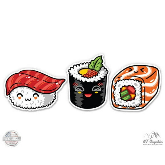 Sushi Set of 3 Cute - 2" each Vinyl Stickers - For Car Laptop I-Pad Phone Helmet Hard Hat - Waterproof Decals