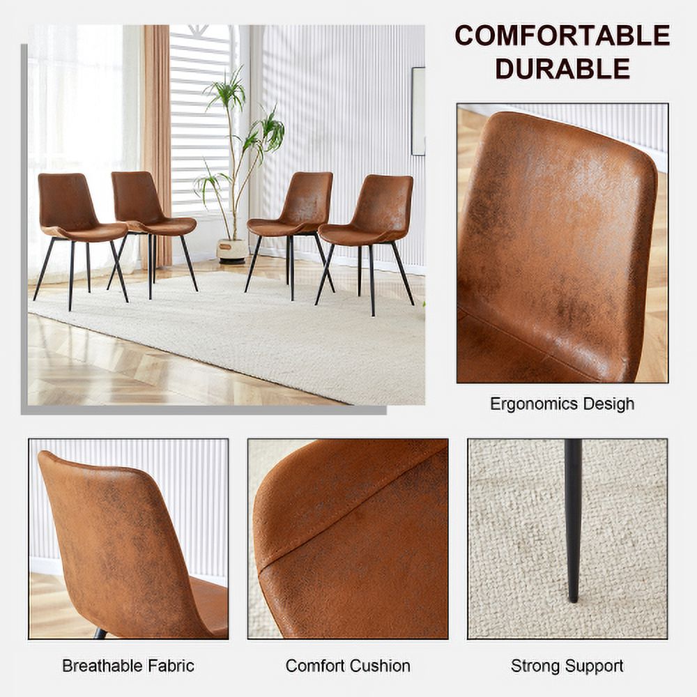 Set of 6 Brown Suede Dining Chairs with Black Metal Legs, Curved Wide Cushion, Modern Upholstered Comfortable Kitchen & Dining Room Chairs