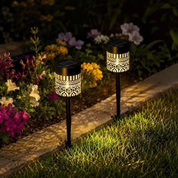2 Pack Solar Garden Lights Outdoor, Warm White Solar Stake Lights with Decorative Hollow Pattern, Waterproof Landscape Pathway Lights for Yard Lawn Patio Walkway Flower Bed Decor