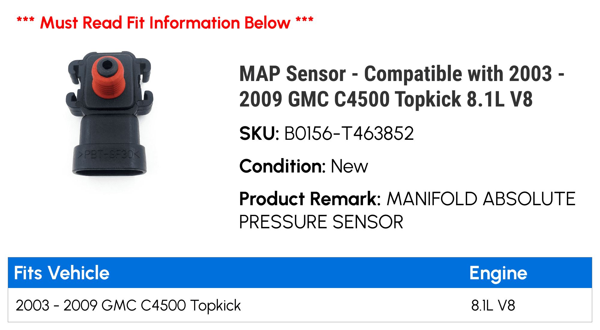 MAP Sensor - Compatible with 2003 - 2009 GMC C4500 Topkick 8.1L V8 2004 2005 2006 2007 2008