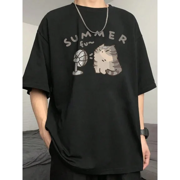【New Arrival】Cute Chubby Cat Electric Fan Summer Casual Graphic T-Shirt, Unisex Cotton Crew Neck Kawaii Animal Tee, Cat Lover Daily Novelty Gift