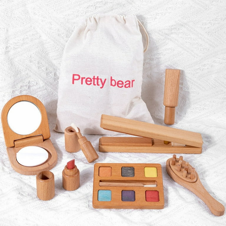 Montessori Mama Makeup and Salon Set - Wooden Pretend Play Beauty Play  Makeup Kit with Styling Tools and Cosmetics - Pretend Makeup for Toddlers  for 4