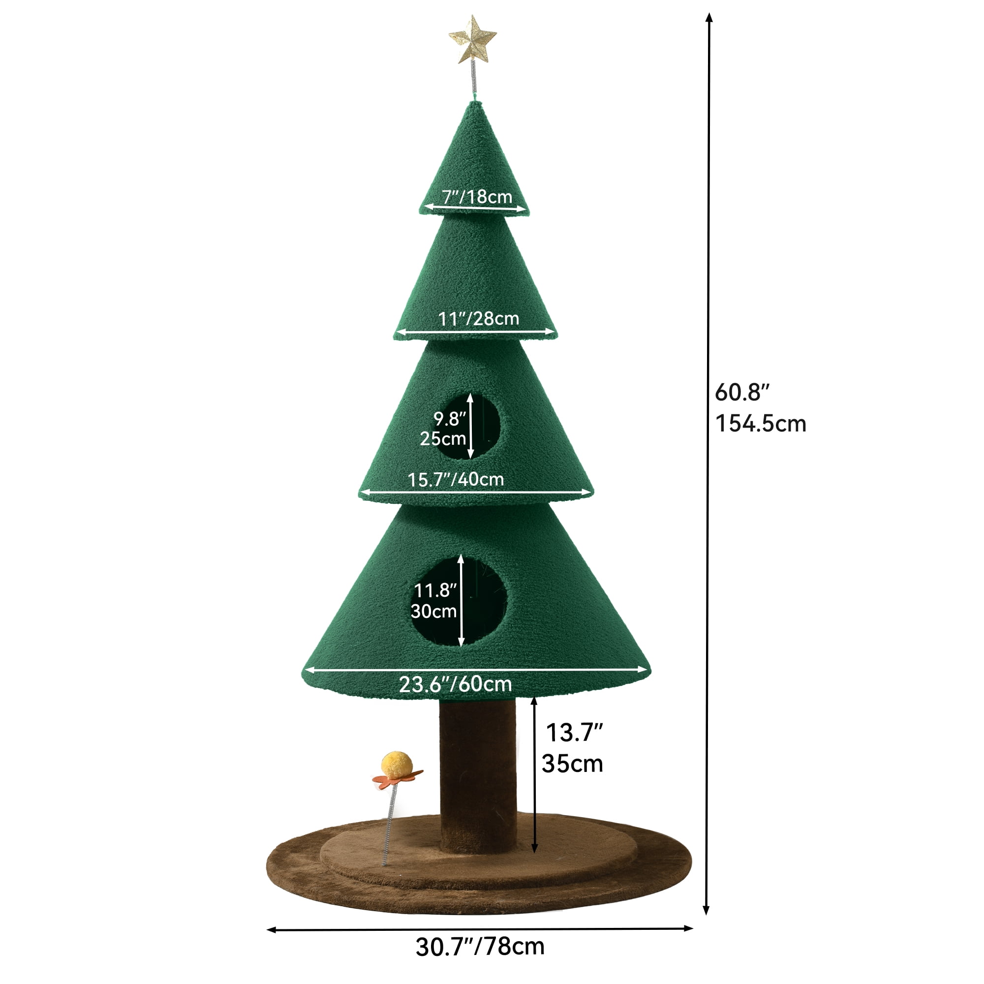 Uforic 60in Christmas Cat Tree, 2-Tier Festive Tall Cat Tower Furniture, 5ft Christmas Tree Party Decoration with Cat House and Bed