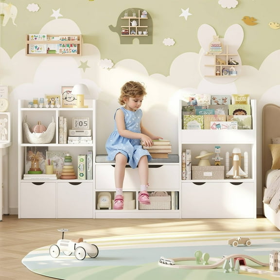 Hiphuta 72"Wide Kids Bookcase with Reading Nook and Under Bench Storage, Wooden Toy Storage Organizer & Book Rack for Kids Room, White