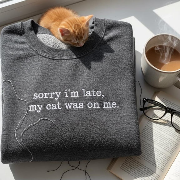 Embroidered Cat Owner Sweatshirt, Sorry I'm Late My Cat Was On Me Crewneck, Funny Cat Mom Gift, Kitten Lover Hoodie
